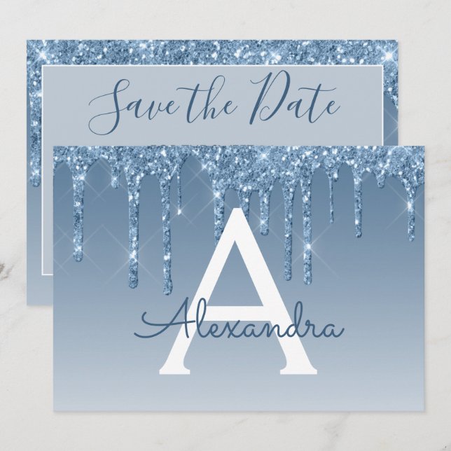 Blue Glitter Sweet 16 Save the Date Invitation (Front/Back)