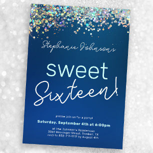Blue Glitter Sweet Sixteen 16th Birthday Party Invitation