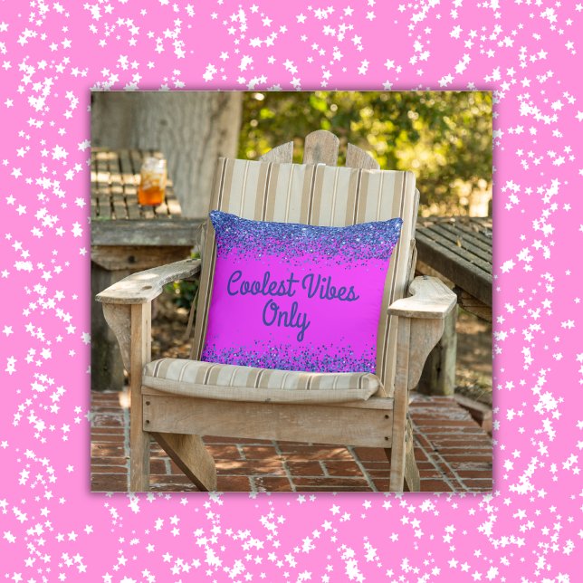 Blue Glitter & Text on Pink- Coolest Vibes Only | Outdoor Pillow (Creator Uploaded)