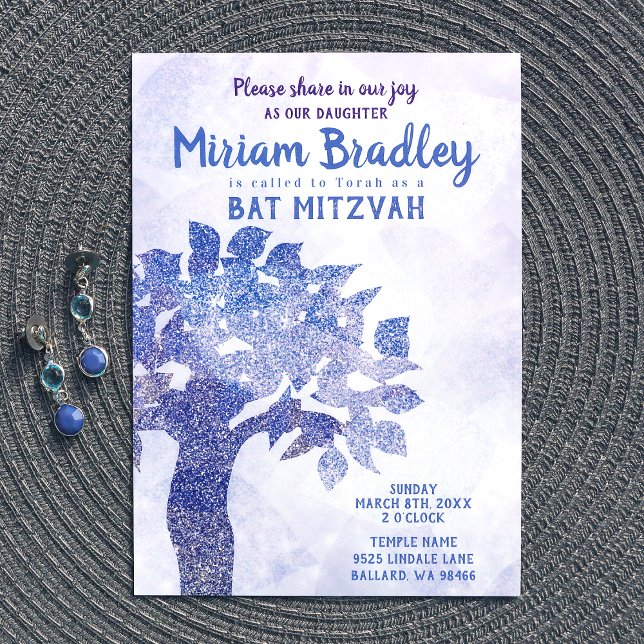 Blue Glitter Tree Bat Mitzvah Invitation (light blue glitter tree of life bat mitzvah invitations)