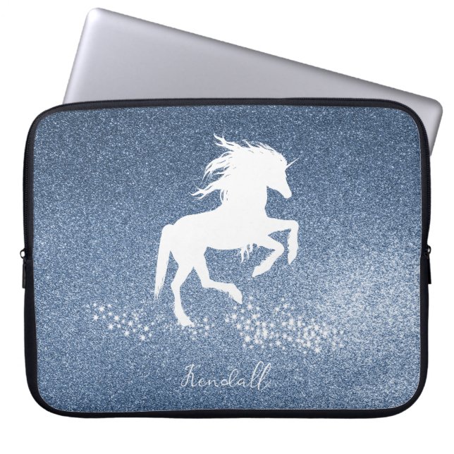Blue Glitter Unicorn Laptop Sleeve (Front)