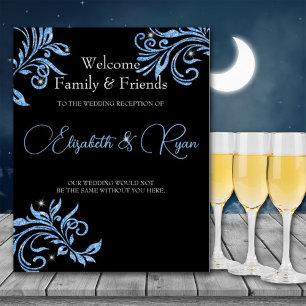 Blue Glitter Vine Swirls Sparkle Wedding Welcome Poster