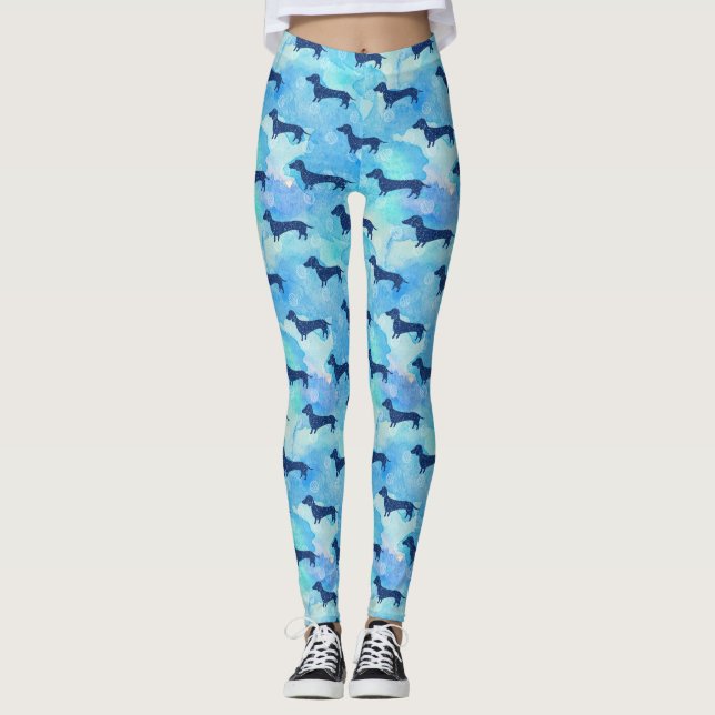 Blue Glitter Watercolor Dachshund Pattern Leggings (Front)