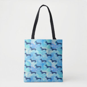 Blue Glitter Watercolor Dachshund Pattern Tote Bag