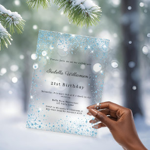Blue glitter winter party frosted birthday acrylic invitations