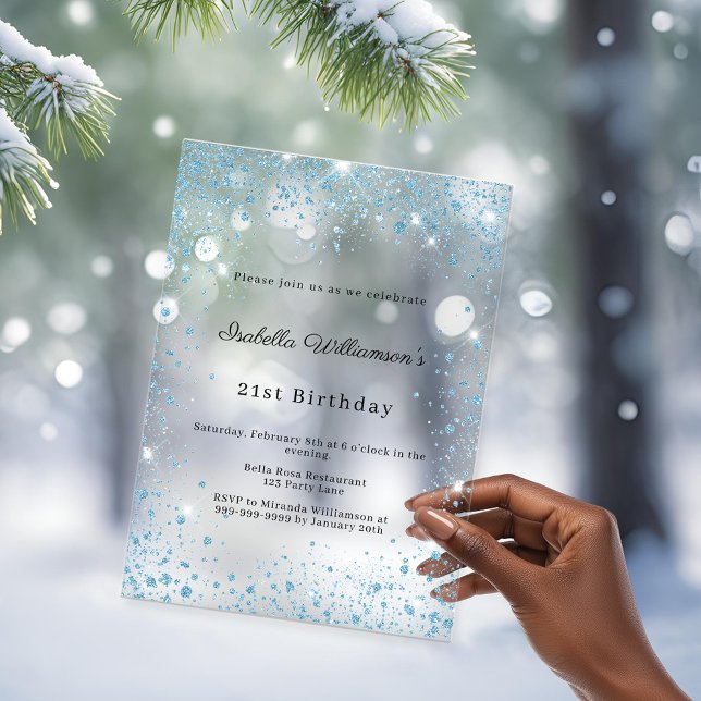 Blue glitter winter party frosted birthday acrylic invitations (Creator Uploaded)
