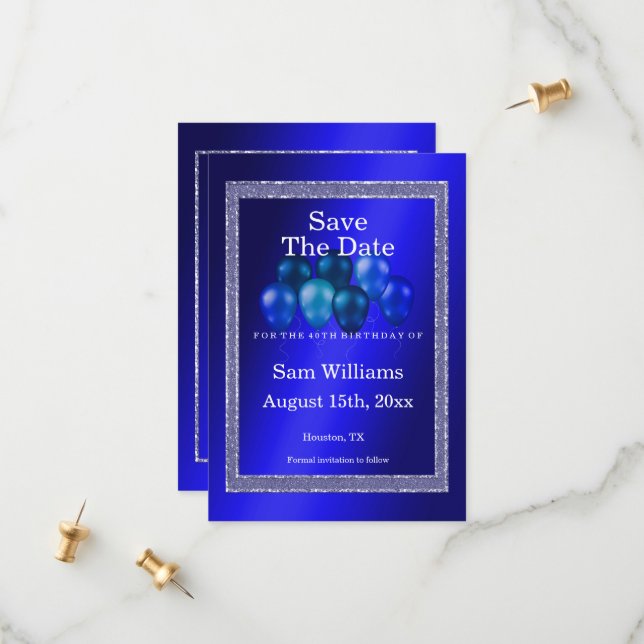 Blue Glitters & Birthday Balloons Save The Date (Front/Back In Situ)