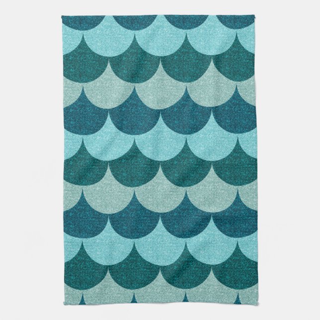 Blue Glittery Mermaid Scales Pattern Kitchen Towel (Vertical)