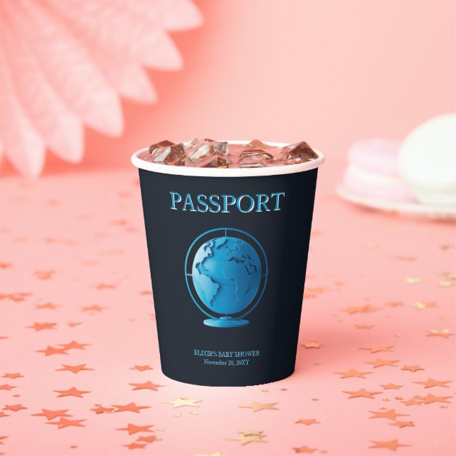 Blue Globe Passport Travel Baby Shower Paper Cups (Insitu)