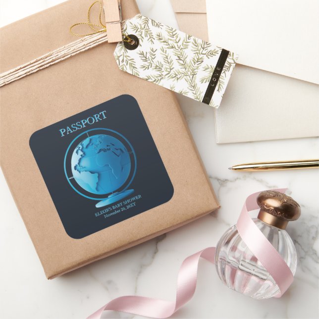 Blue Globe Passport Travel Baby Shower Square Sticker (Gifting)