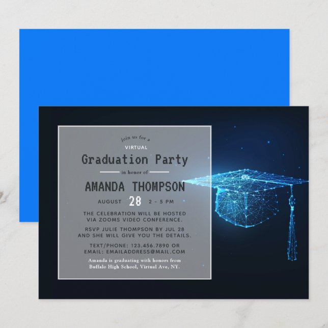 Blue Glow Futuristic Virtual Graduation Party Invitation (Front/Back)