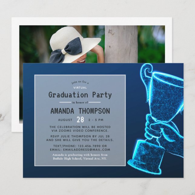 Blue Glow Futuristic Virtual Graduation Party Invitation (Front/Back)