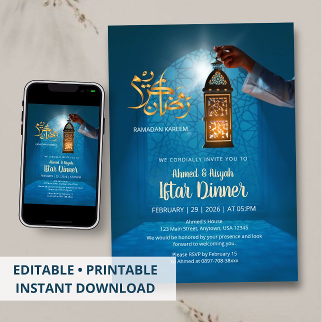 Blue Glow Ramadan with Golden Lantern Iftar Invitation (Creator Uploaded)