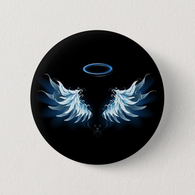 Blue Glowing Angel Wings on black background 2 Inch Round Button (Front)