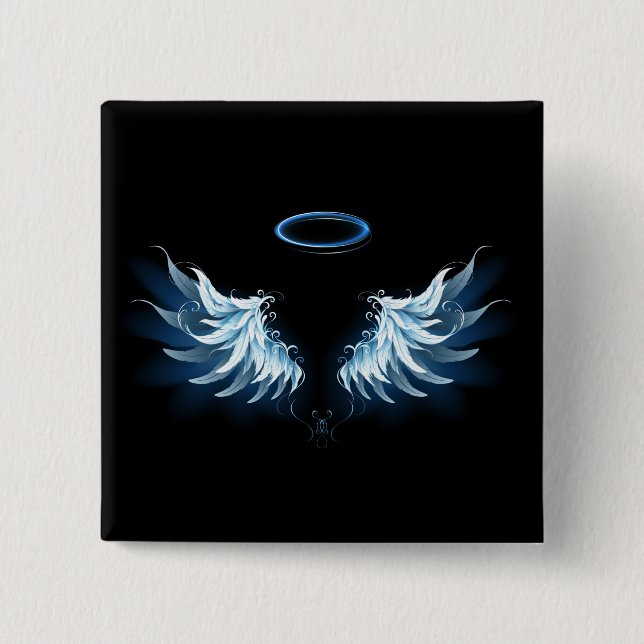 Blue Glowing Angel Wings on black background 2 Inch Square Button (Front)