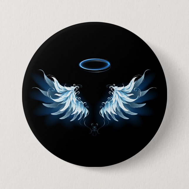 Blue Glowing Angel Wings on black background 3 Inch Round Button (Front)
