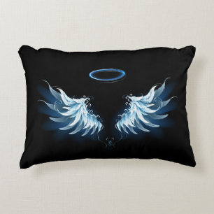 Blue Glowing Angel Wings on black background Accent Pillow