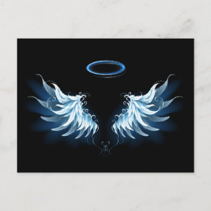 Blue Glowing Angel Wings on black background Announcement Postcard
