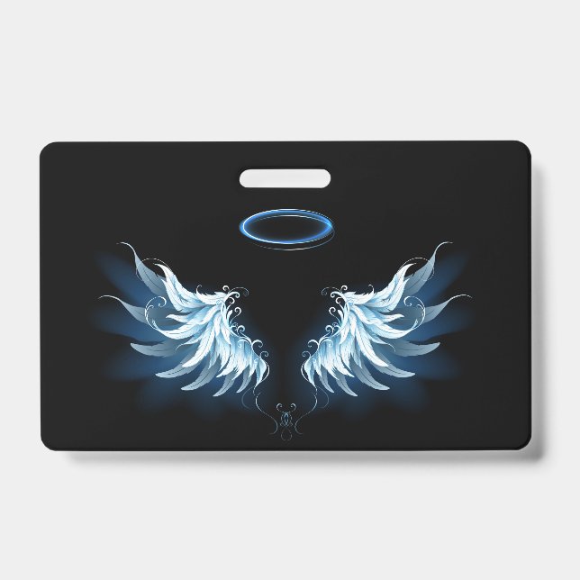 Blue Glowing Angel Wings on black background Badge (Front)