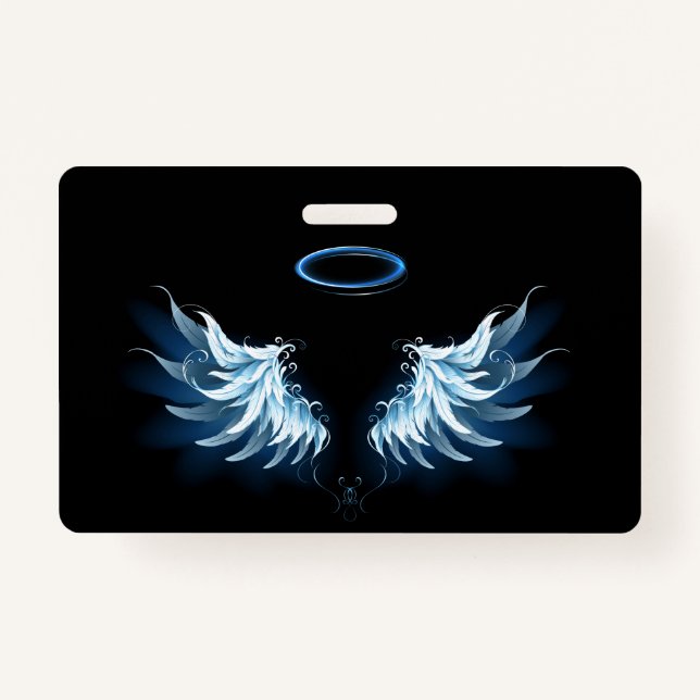 Blue Glowing Angel Wings on black background Badge (Front)