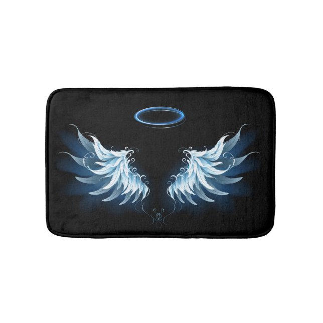 Blue Glowing Angel Wings on black background Bath Mat (Front)