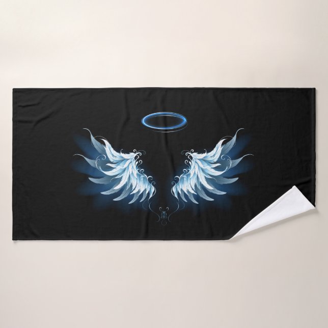 Blue Glowing Angel Wings on black background Bath Towel (Bath Towel)