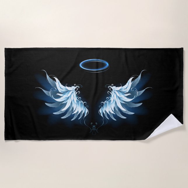 Blue Glowing Angel Wings on black background Beach Towel (Front)