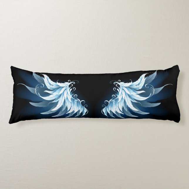 Blue Glowing Angel Wings on black background Body Pillow (Front)