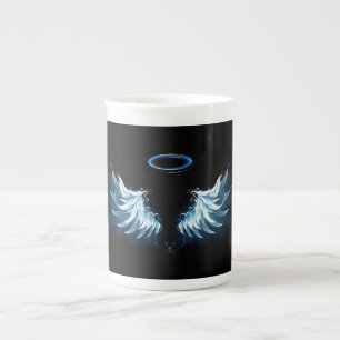 Blue Glowing Angel Wings on black background Bone China Mug