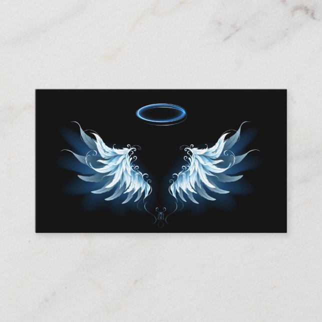Blue Glowing Angel Wings on black background Business Card (Front)
