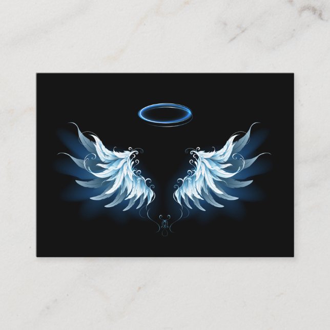 Blue Glowing Angel Wings on black background Business Card (Front)