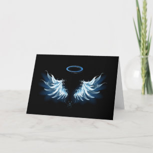 Blue Glowing Angel Wings on black background Card