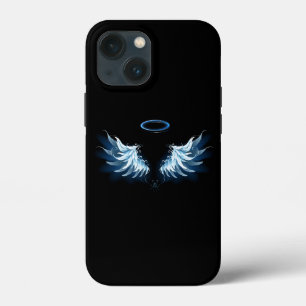 Blue Glowing Angel Wings on black background iPhone 13 Mini Case