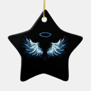 Blue Glowing Angel Wings on black background Ceramic Ornament