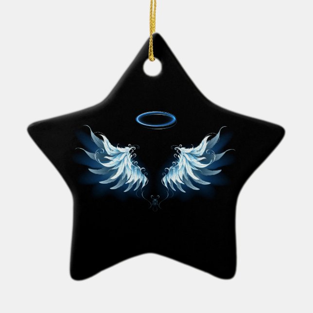 Blue Glowing Angel Wings on black background Ceramic Ornament (Front)
