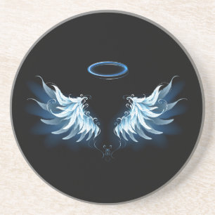 Blue Glowing Angel Wings on black background Coaster