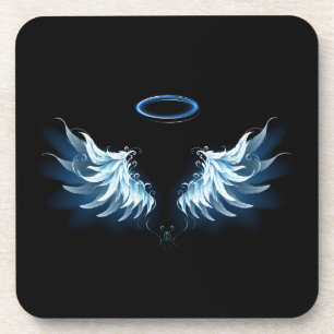 Blue Glowing Angel Wings on black background Coaster