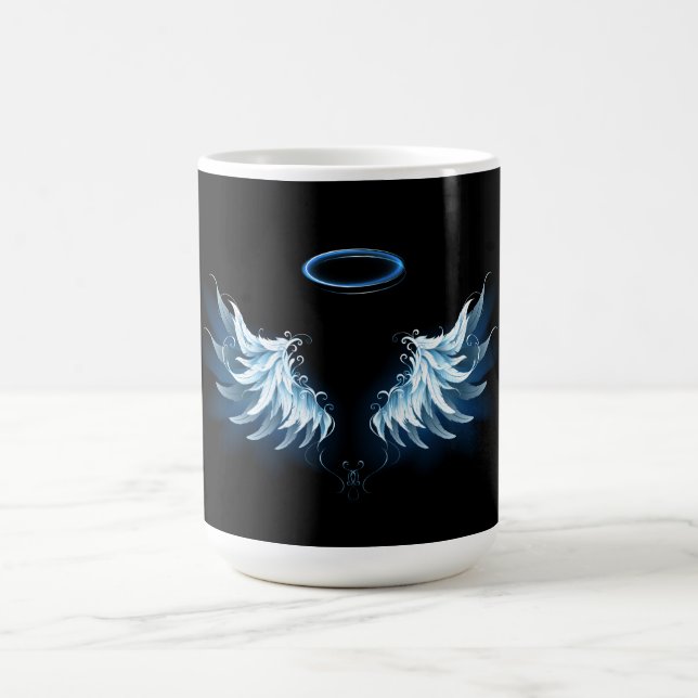 Blue Glowing Angel Wings on black background Coffee Mug (Center)