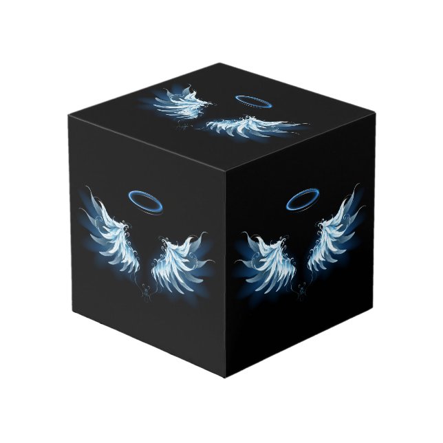 Blue Glowing Angel Wings on black background Cube (Front Angled)