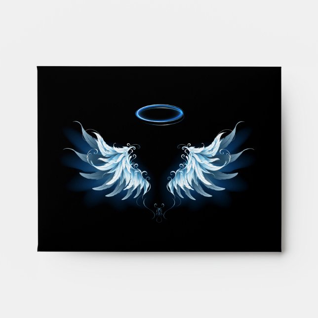 Blue Glowing Angel Wings on black background Envelope (Front)