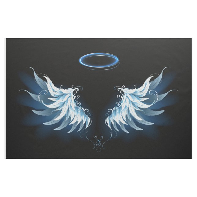 Blue Glowing Angel Wings on black background Fabric (Yard)