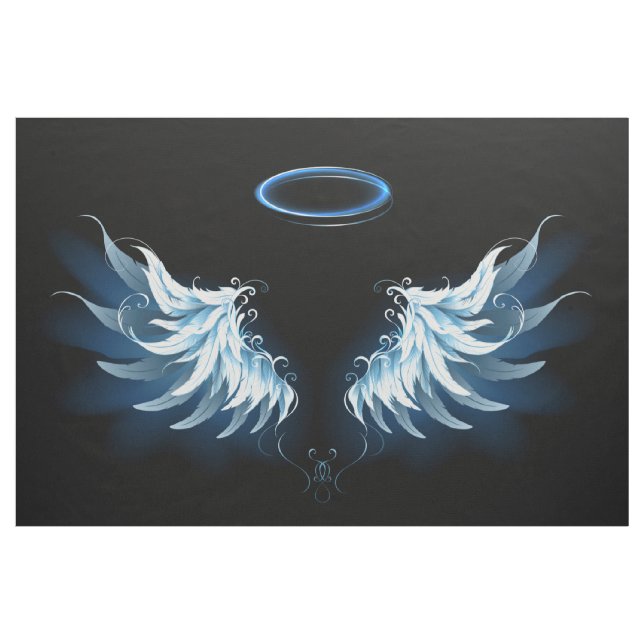 Blue Glowing Angel Wings on black background Fabric (Yard)