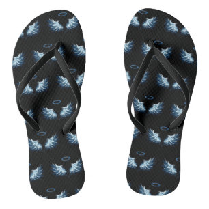 Blue Glowing Angel Wings on black background Flip Flops