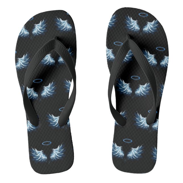 Blue Glowing Angel Wings on black background Flip Flops (Footbed)