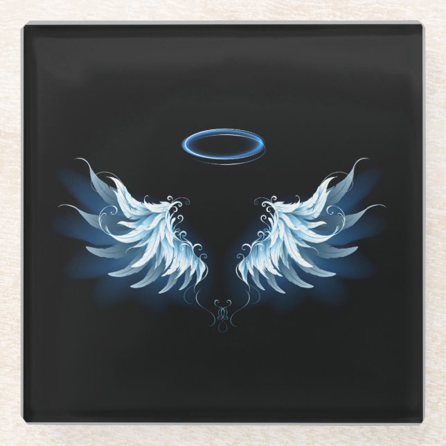 Blue Glowing Angel Wings on black background Glass Coaster (Front)