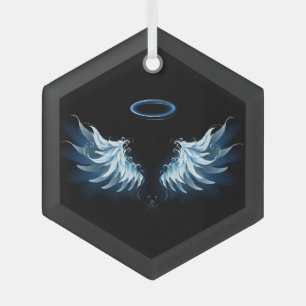 Blue Glowing Angel Wings on black background Glass Ornament