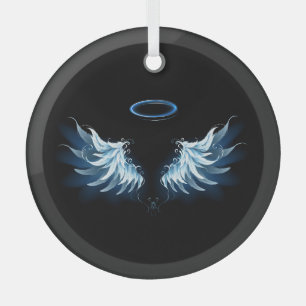 Blue Glowing Angel Wings on black background Glass Ornament