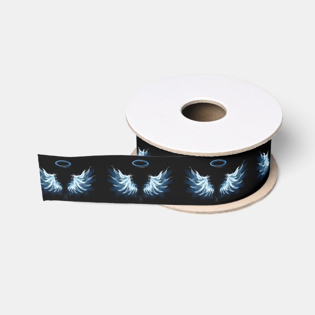 Blue Glowing Angel Wings on black background Grosgrain Ribbon (Spool)