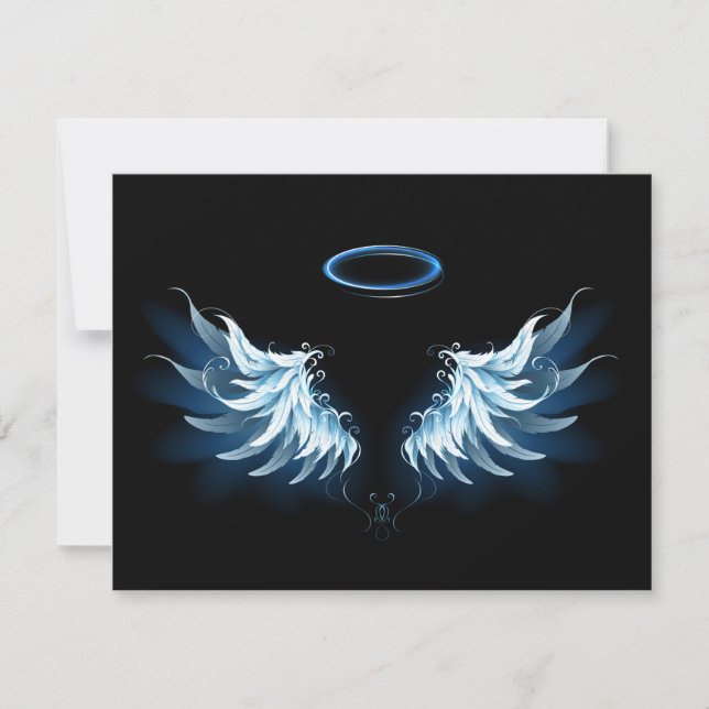 Blue Glowing Angel Wings on black background Holiday Card (Front)