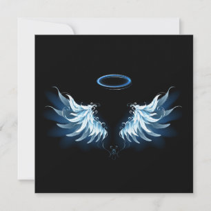 Blue Glowing Angel Wings on black background Holiday Card